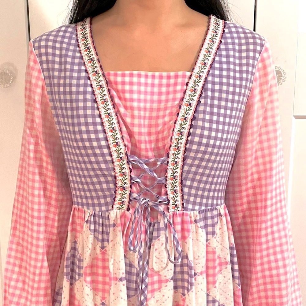 Vintage pink & purple gingham checkered, lace up corset dress